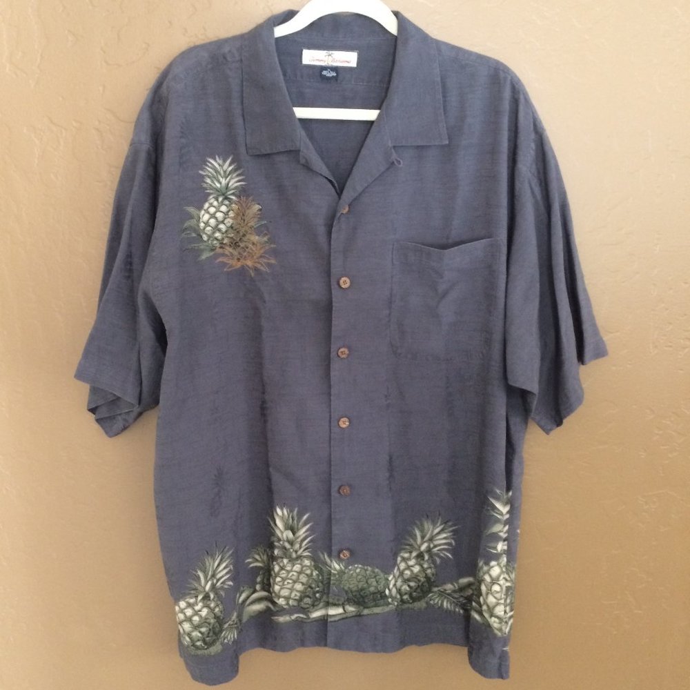 Tommy Bahama Gray Pineapple Button Down Casual Silk Shirt Men's Size XL
